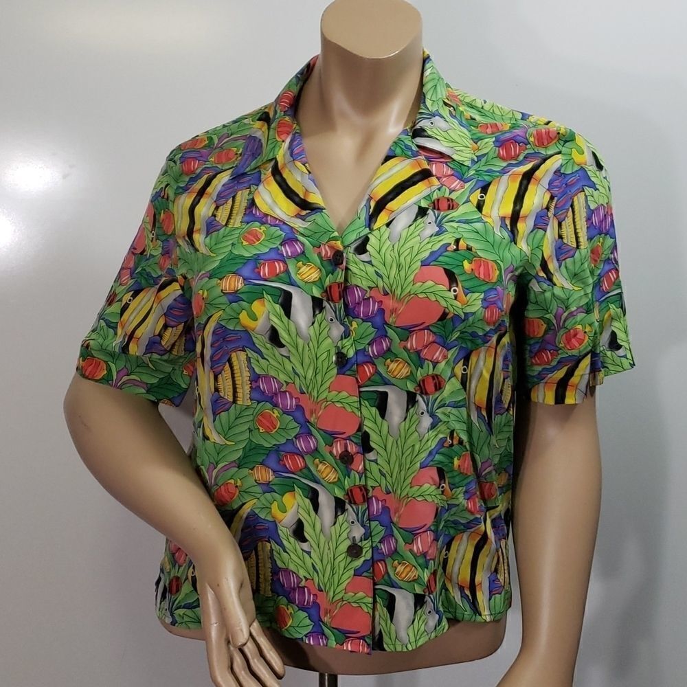 Vintage 90s Ann May 100% Silk Blouse Bright Vibrant Colors Tropical Fish Women L
